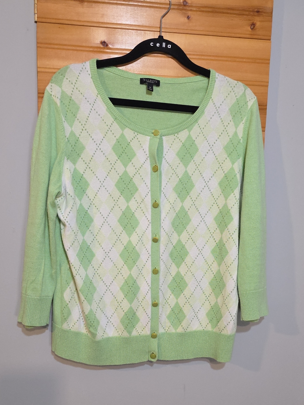 Talbots Pistachio and White Argyle Button-Front Cardigan‎